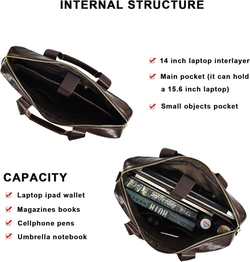 SAIION Genuine Leather Briefcase for Men, Laptop Computer Shoulder Bag With Strap, 15.6 Inch Business Travel Work Handbag - Image 3